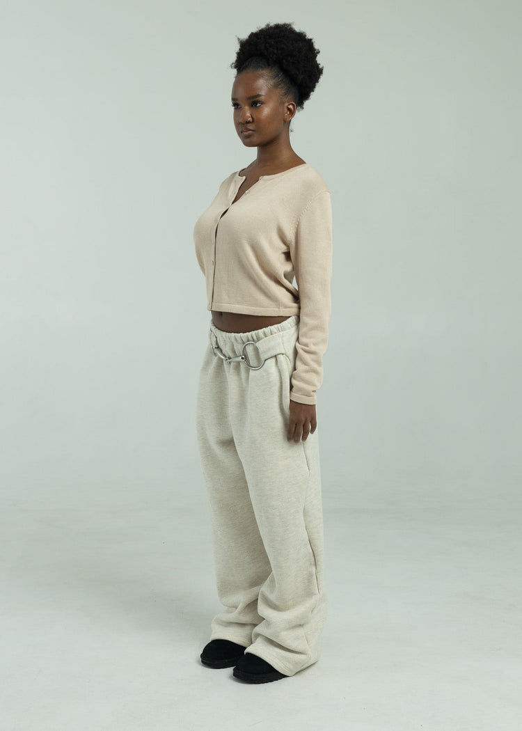 Model wearing pebble pants from the side