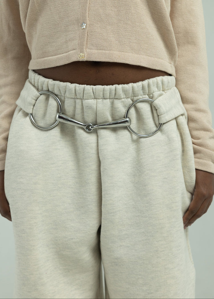 Model wearing pebble pants closeup