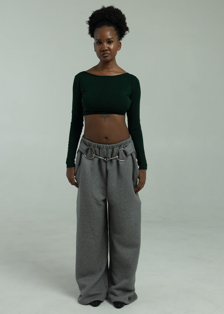 Model wearing charcoal pants from the front