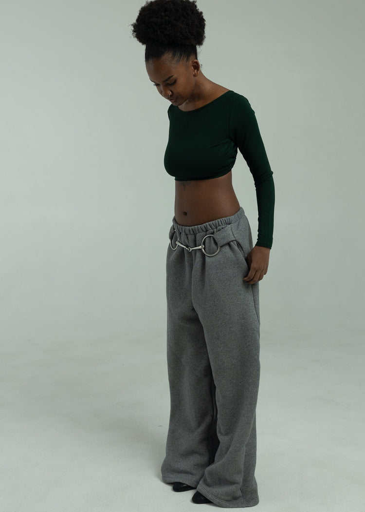Model wearing charcoal pants