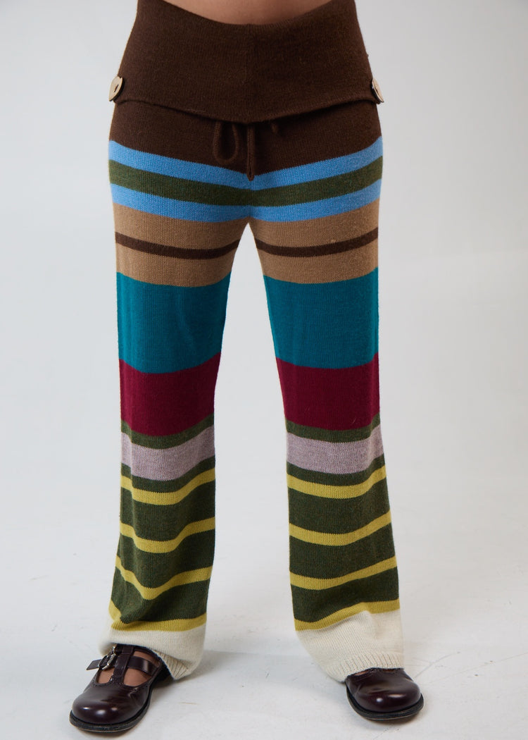 Model wearing multi-stripe pants