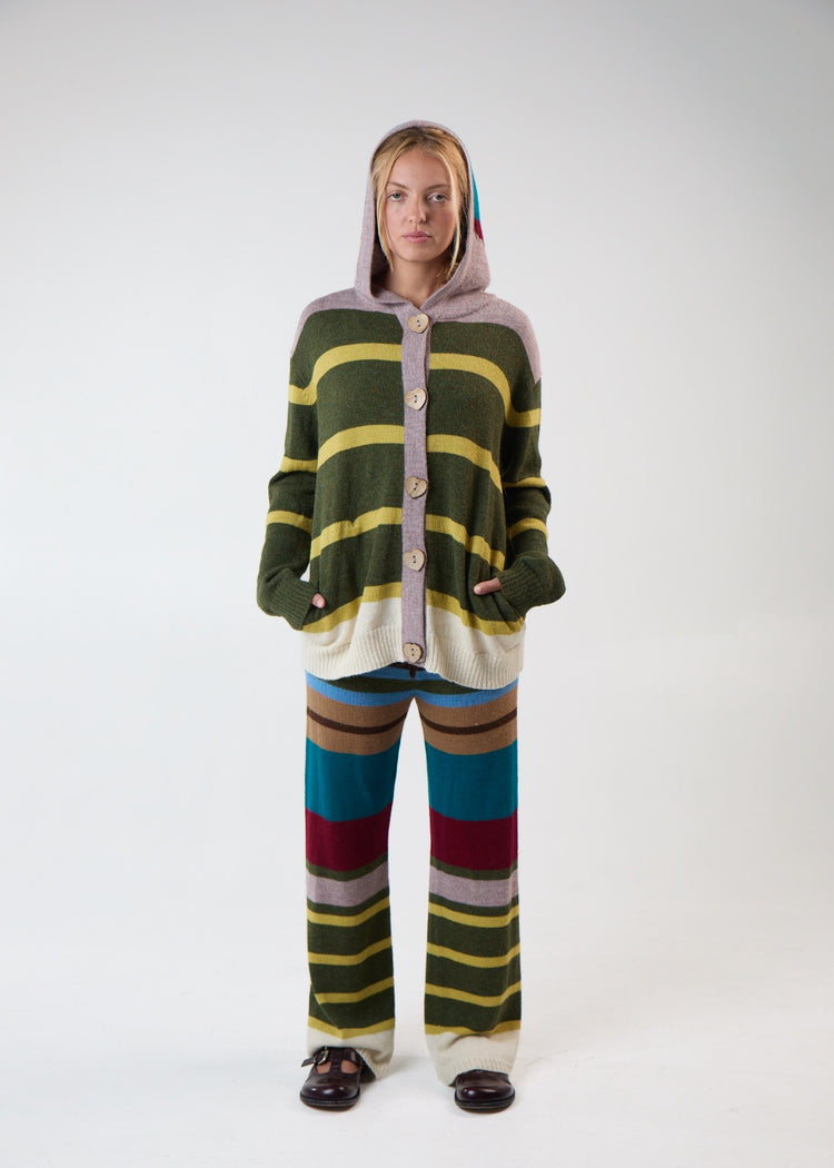 Model wearing multi-stripe pants