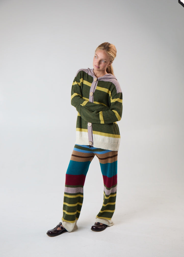 Model wearing multi-stripe pants