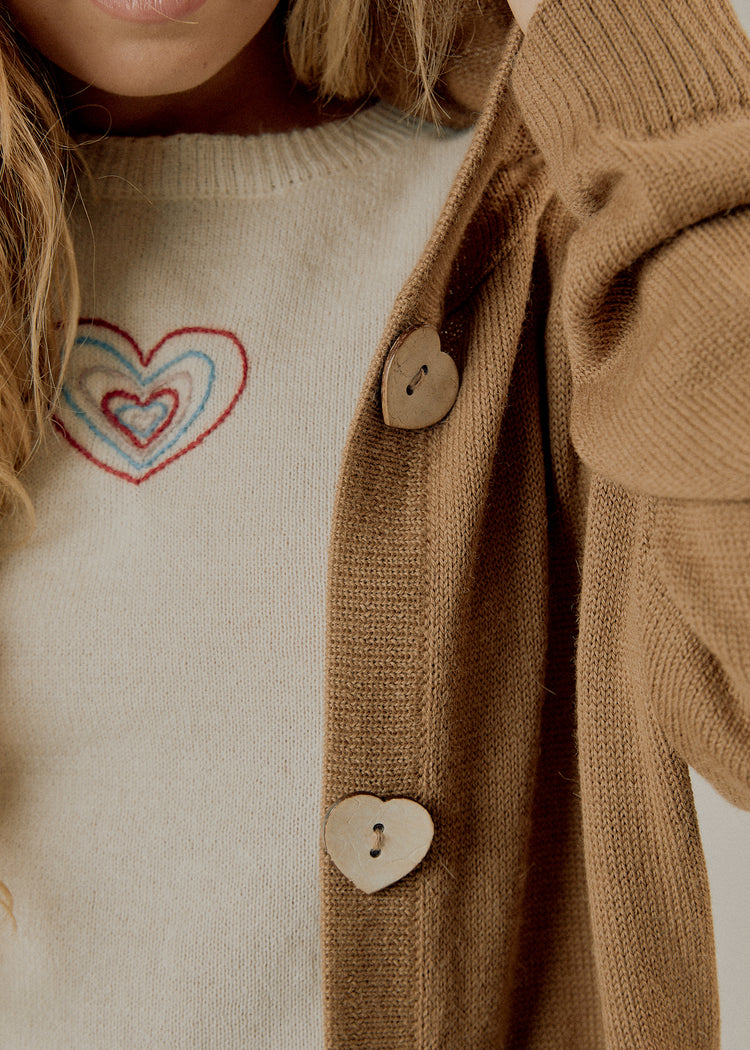 Model in camel cardigan