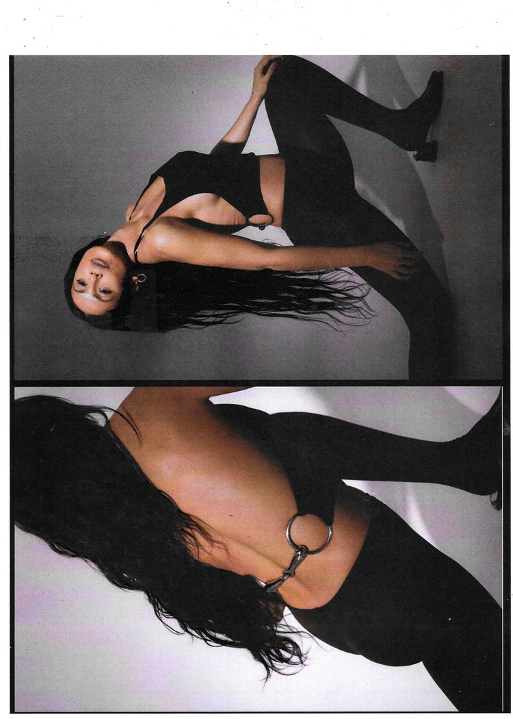 Model wearing Bit Top in black from the side and from the back